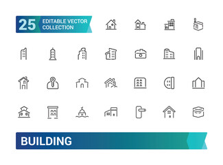 Buildings line icons set. Real estate, house, home, apartment, cityscape, mosque, church, pagoda. Architecture buildings icons vector illustration. Editable stroke icons.