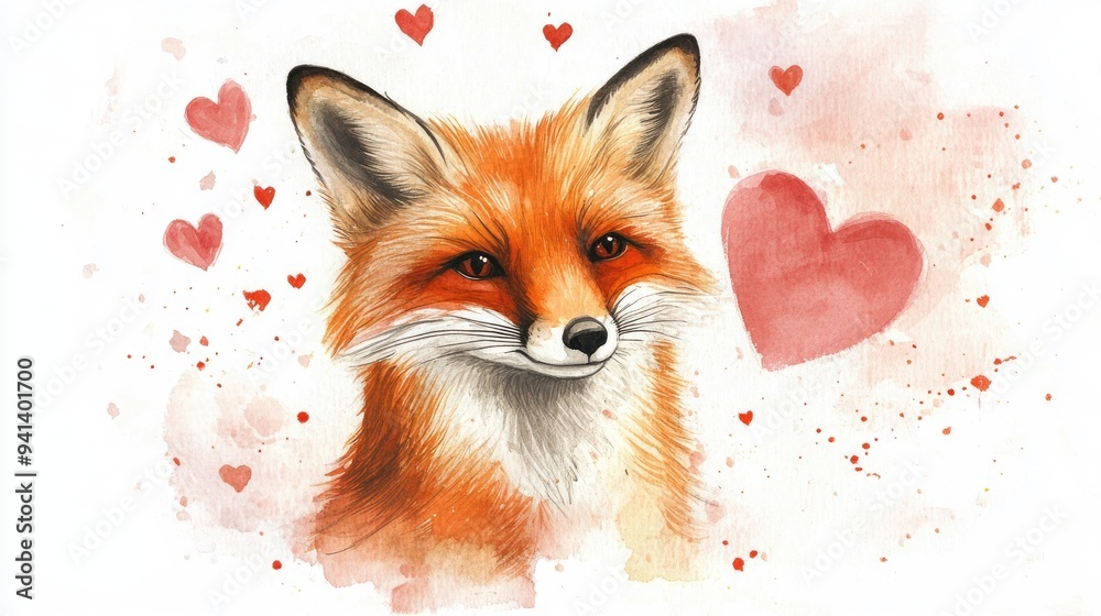 Wall mural watercolor fox for valentine s day