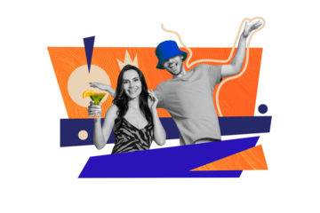 Artwork magazine collage picture of carefree couple enjoying friday evening isolated drawing background