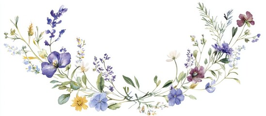 Watercolor floral wreath featuring wildflowers and herbs designed as a circular frame for invitations or greeting cards Hand drawn round border with botanical elements