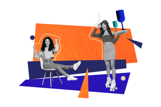 Creative retro 3d magazine collage image of excited lucky girlfriends enjoying weekends isolated beige color background