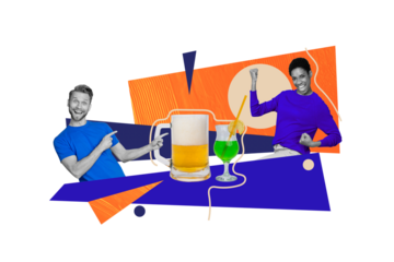 Photo comics sketch collage picture of funny coworkers having friday fun together isolated creative background