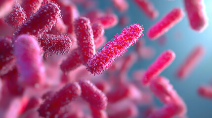 Close-up of vibrant, red bacteria in a blue environment, showcasing the intricate details and textures of microbial life in vivid colors.
