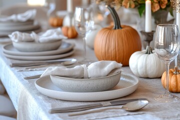 Naklejka premium A beautifully arranged autumn table features elegant dinnerware, white and orange pumpkins, and softly glowing candles for a cozy dinner.