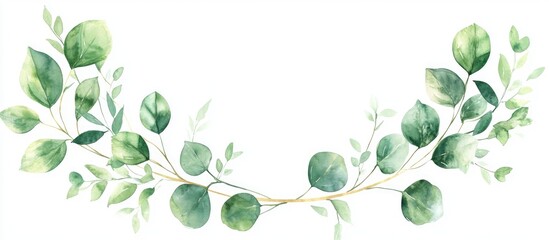 Obraz premium Watercolor illustration featuring a collection of green leaves arranged within a golden circular frame Hand drawn eucalyptus and monstera leaves create an elegant decorative border Vibrant tropica