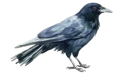 Watercolor illustration of a hand drawn black rook bird isolated on a white background Cartoon style design suitable for decorations and seasonal themes