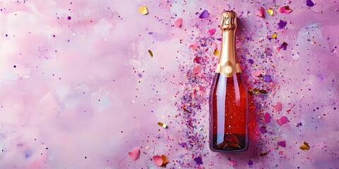 Watercolor illustration of a champagne bottle surrounded by confetti on a violet background suitable for celebrations such as birthdays weddings or holidays Flat lay composition