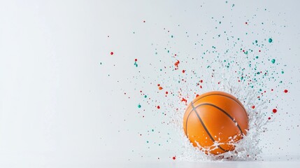 Colorful Abstract Basketball Art, vibrant paint splashes surround a basketball on a white backdrop, merging sports energy with artistic expression, ideal for decor or inspiration.