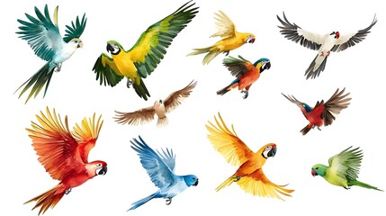 Obraz premium Vibrant Tropical Birds in Flight:Colorful Parrots,Macaws,and Other Exotic Avians