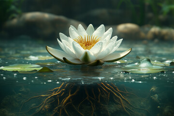 A botanical illustration of a water lily, with detailed attention to the floating leaves and underwater roots,