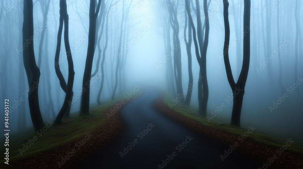 Wall mural halloween misty dimly lit forest road with twisted trees and fog eerie otherworldly atmosphere