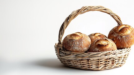 Rolls basket with space for writing or a backdrop and a close-up on a spotlessly white studio background, Generative AI.