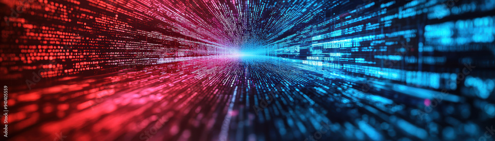 Poster abstract image of red and blue digital data streams converging to a central point, creating a dynami