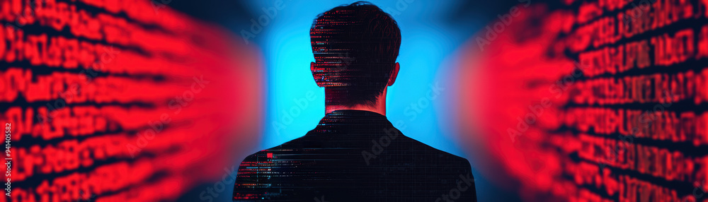 Poster man facing digital code on screen, symbolizing cyber security, data analysis, and technology-driven 