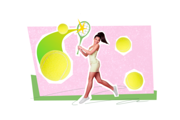 Image picture poster collage of lovey sportive girlfriend playing tennis enjoy free time preparing final game isolated drawing background
