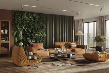 Vertical Green Wall in modern living room interior design, 3d render	
