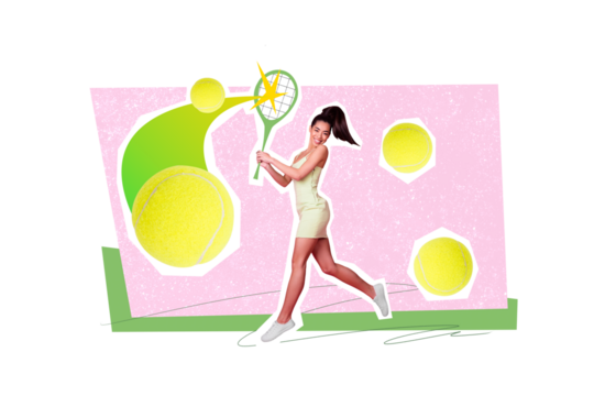 Image picture poster collage of lovey sportive girlfriend playing tennis enjoy free time preparing final game isolated drawing background
