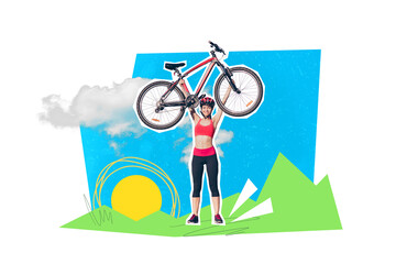 Poster banner pop sketch picture image collage of sportive strong girl champion hold raise bike...