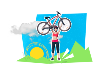 Poster banner pop sketch picture image collage of sportive strong girl champion hold raise bike celebrate victory drawing background