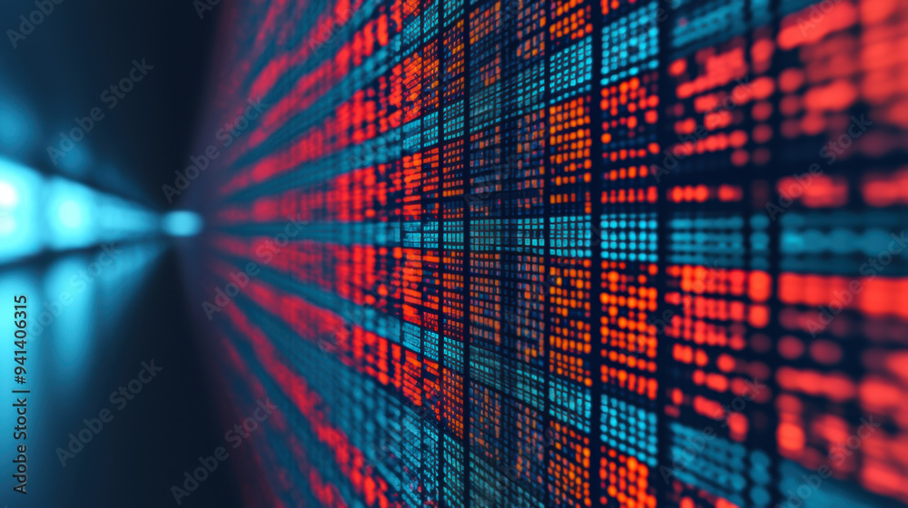 Poster a futuristic digital data wall displaying binary codes in red and blue, representing technology, inf