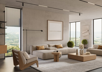 Modern home interior with polished concrete walls and cozy furniture. Interior mockup, 3d rendering	