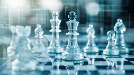 A close-up of glass chess pieces on a board, showcasing strategic gameplay and elegant design in a modern, technological setting.