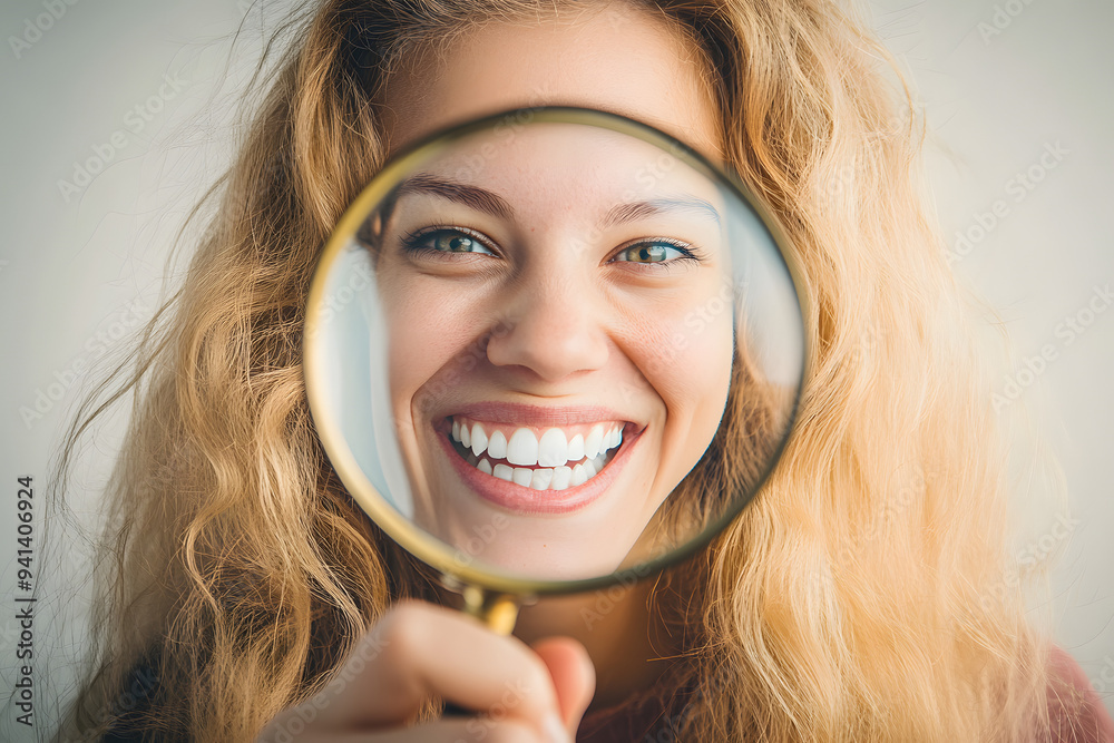 Wall mural woman showing her smile through magnifying glass