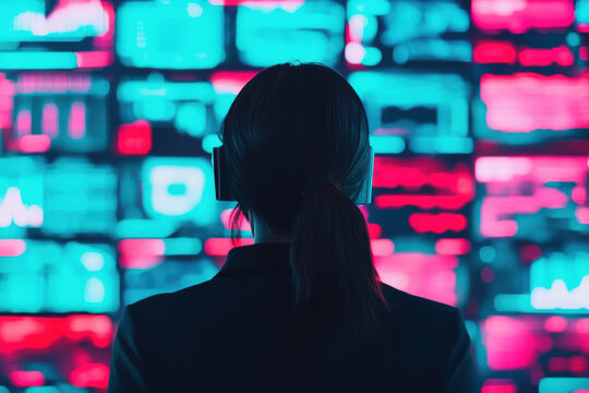 Rear view of a person with headphones, looking at multiple digital screens. The colorful display highlights technology and data visualization.