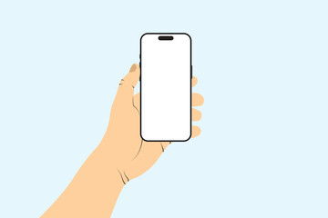 A hand holds a smartphone on a light blue background, an empty screen, a phone screen template.