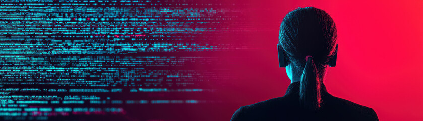 Obraz premium A person with ponytail facing digital data visualization on a red and blue background, representing technology, cybersecurity, and coding.