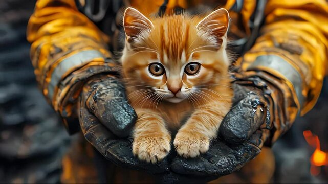 A soot-covered firefighter holds a small ginger kitten in protective gloves amidst the aftermath of a fire