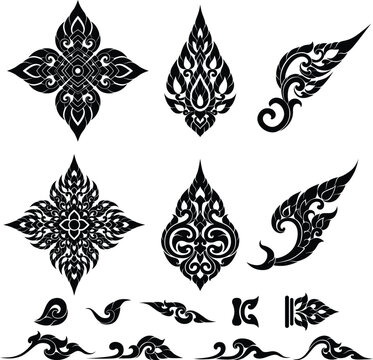 Thai Pattern Motif in Silhouette Flat Illustration for Asian Art Style Decoration