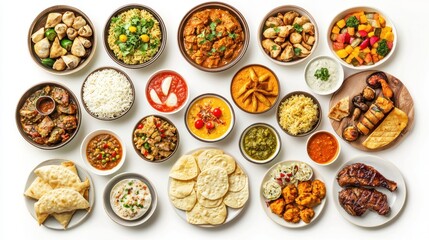 Ramadan iftar food set collection isolated on white background. Assorted of Arabic and Indian foods. top view, close up. Indian and Pakistani many food set. samosas, chicken curry, steak, kebab, naan