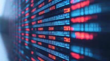 Naklejka premium Blurred digital stock market ticker with red and blue numbers representing financial exchanges and data on a LED screen.