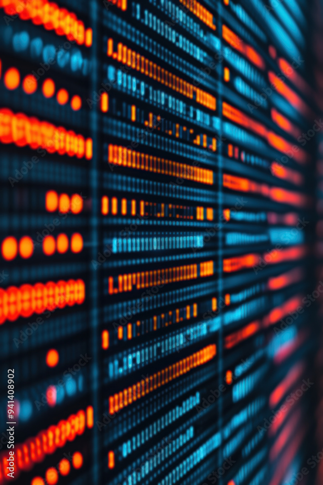 Poster close-up of a futuristic data center server rack with glowing red and blue led lights representing n