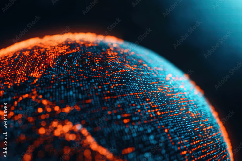 Poster abstract representation of a digital earth with illuminated data points on a dark background symboli
