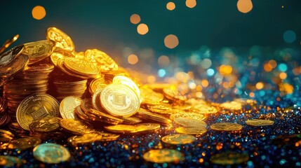 A vibrant display of scattered gold coins, shimmering with light against a colorful background, symbolizing wealth and prosperity.