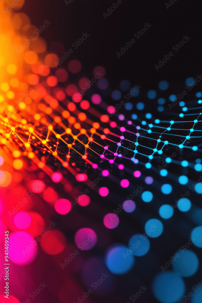 Poster vibrant abstract digital background with connected geometric shapes and colorful bokeh lights, repre