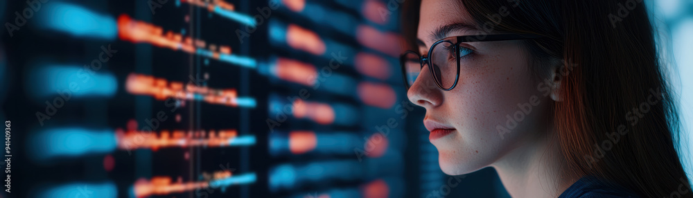 Poster focused woman with glasses analyzing complex data visualization on a computer screen, representing t