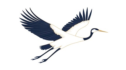 Elegant Crane Bird Soaring with Spread Wings in Minimalist Black and White Silhouette