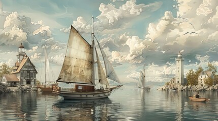 Depict a sailboat with its sails furled, anchored in a calm harbor with surrounding boats and a lighthouse visible in the background