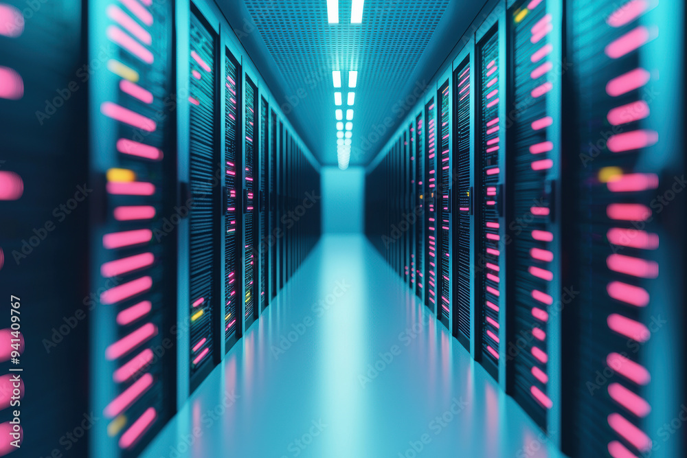 Poster modern data center corridor with rows of server racks and glowing lights, showcasing advanced techno