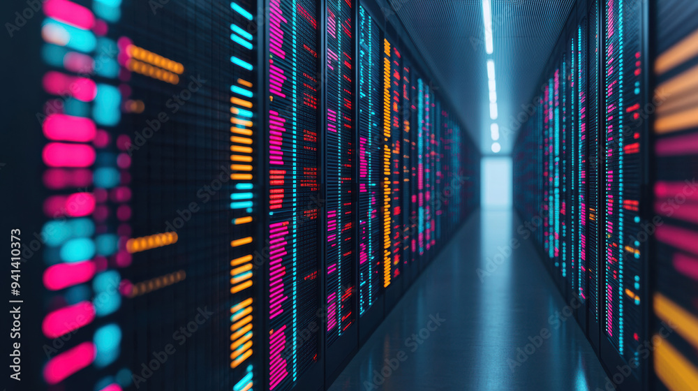 Poster modern data center with colorful led lights on server racks, symbolizing digital technology, data pr