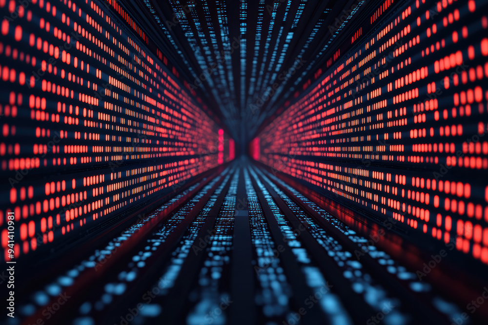 Poster a mesmerizing digital data tunnel with red and blue binary code, symbolizing futuristic technology, 