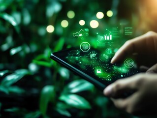 Digital wallet with ecofriendly symbols, representing sustainable financial practices, Wallet ecofriendly, Green digital finance