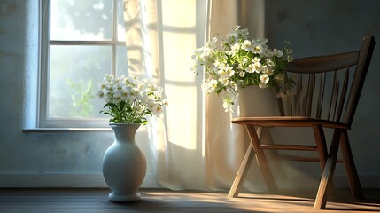 Sunlit room with white flowers in vases on wooden floor and chair.