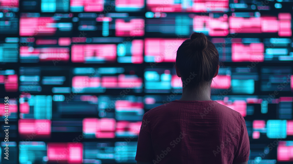 Poster person viewing a large digital display of data and graphs in a dimly lit room highlighting technolog
