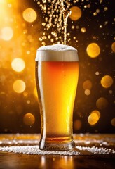 lively beer pouring into frosty glass bubbles foam capturing refreshing beverage experience, amber, ale, bar, brew, chilled, cocktail, condensation, craft