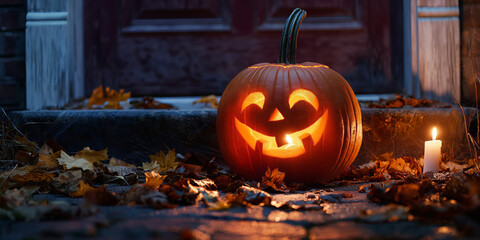 A carved pumpkin with a scary face, placed on a doorstep with fallen autumn leaves and a lit candle inside, casting an eerie glow.