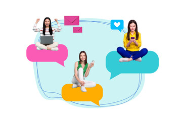 Picture poster collage of happy girls friends popular bloggers chatting social media messengers isolated on drawing background